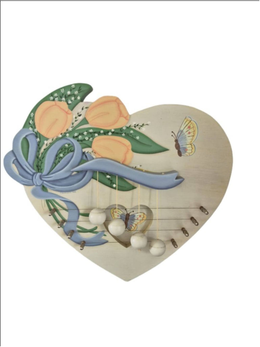 Vintage 1993 Signed Wooden Heart Door Harp Chime Tulip Folk Art 12x11